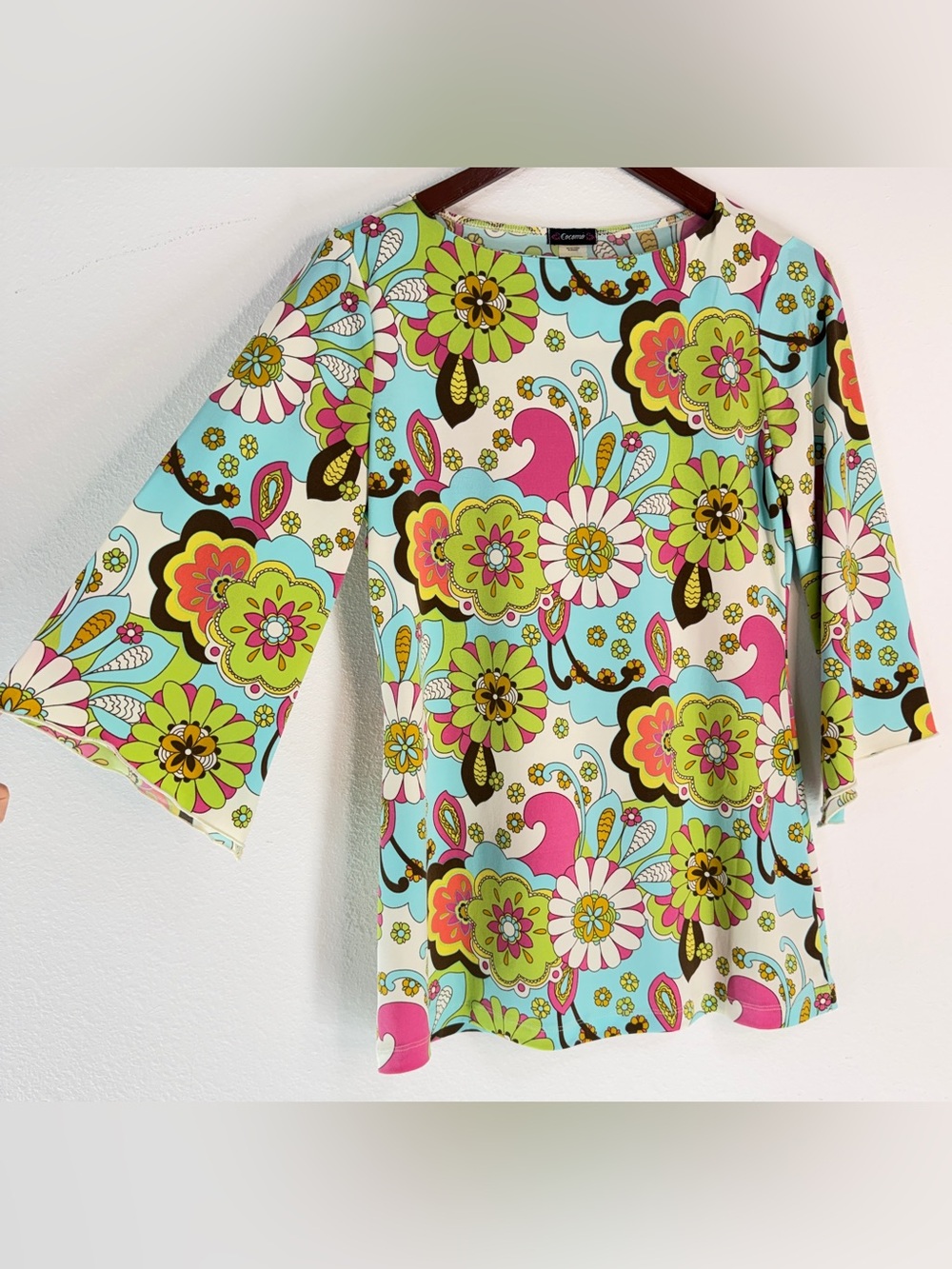 Y2K Cocomo Groovy Boho Paisley Floral Tunic Top Colorful Artsy Bell Sleeves Med